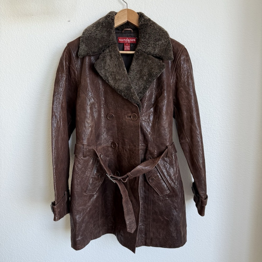 VTG Sundance Tumbled Leather Belted Coat Detachable Shearling Collar Penny Lane